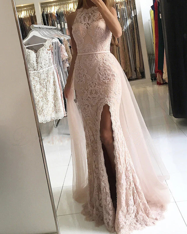 Sleeveless Halter Low Slit Mermaid Prom Lace Dresses With Tulle