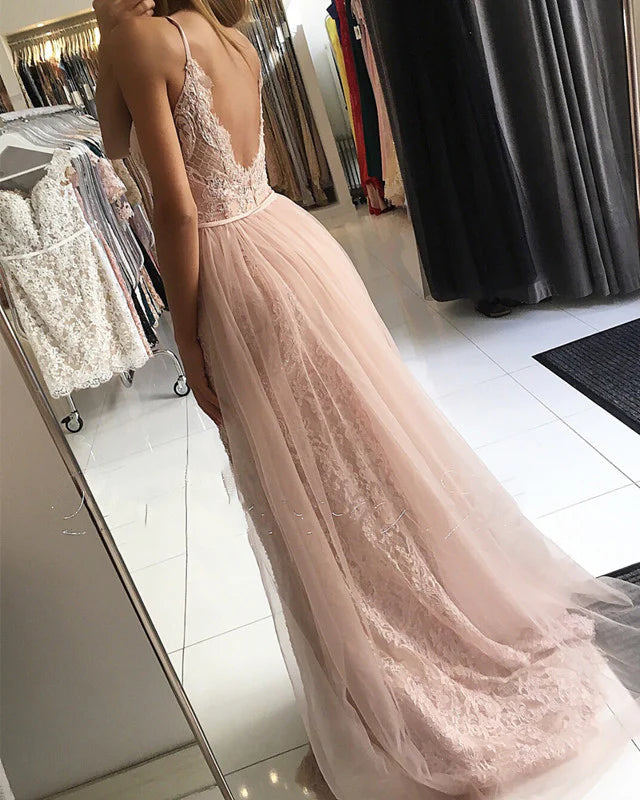 Sleeveless Halter Low Slit Mermaid Prom Lace Dresses With Tulle