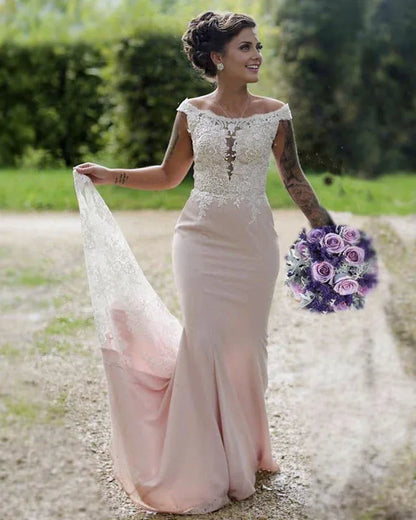 Sleeveless Low Neck Mermaid Bridesmaid Prom Dresses Lace Train ﻿