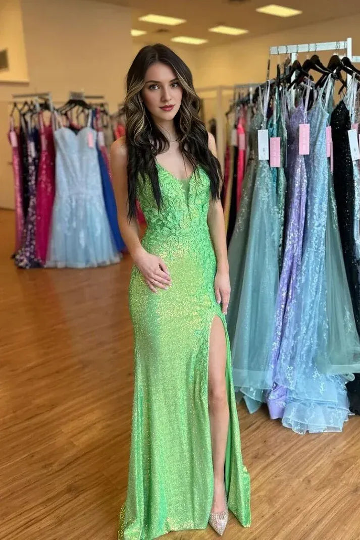 Spaghetti Straps Cute Mermaid V Neck Green Sequin Mermaid Long Prom Dresses