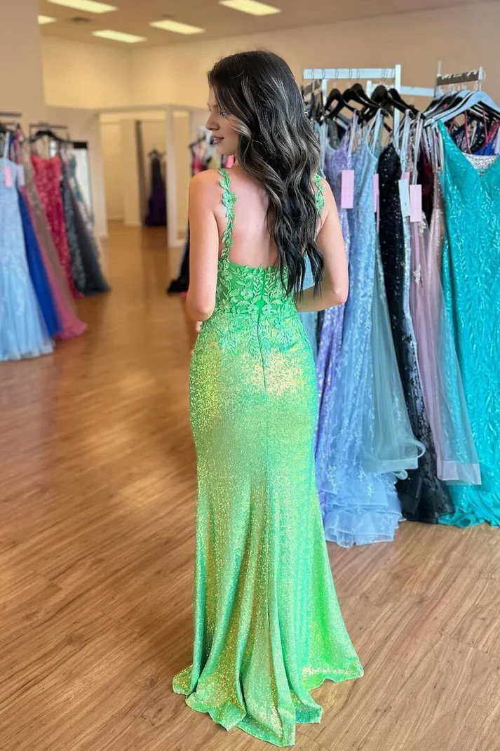 Spaghetti Straps Cute Mermaid V Neck Green Sequin Mermaid Long Prom Dresses