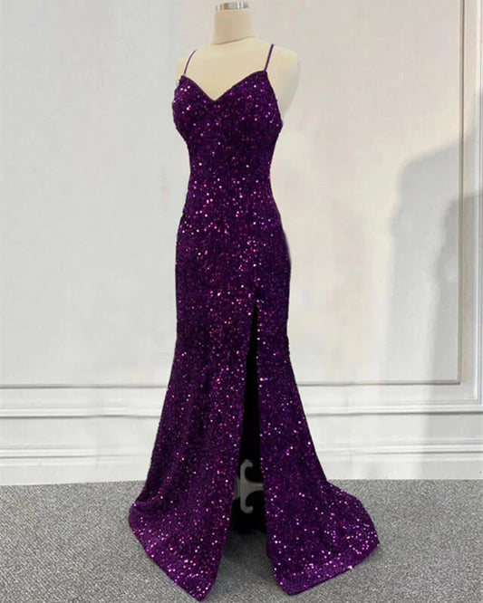 Spaghetti Straps Dark Purple Prom Dress Sequin Mermaid Formal Evening Dress With Slit