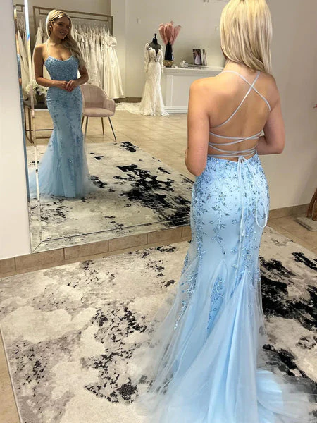 Spaghetti Straps Lace Blue Prom Evening Dress Sleeveless Mermaid with Beaded