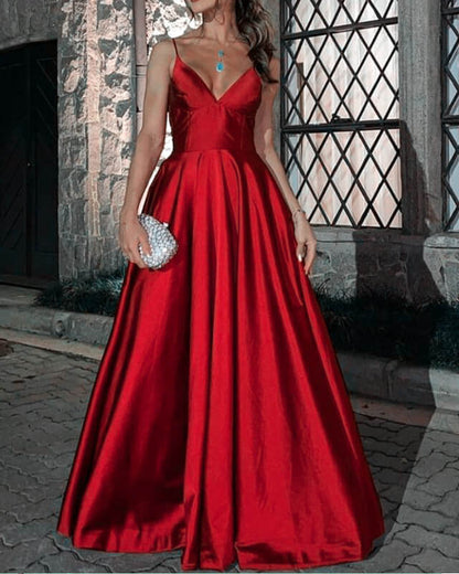 Spaghetti Straps Long Red V-neck Open Back Satin Dress