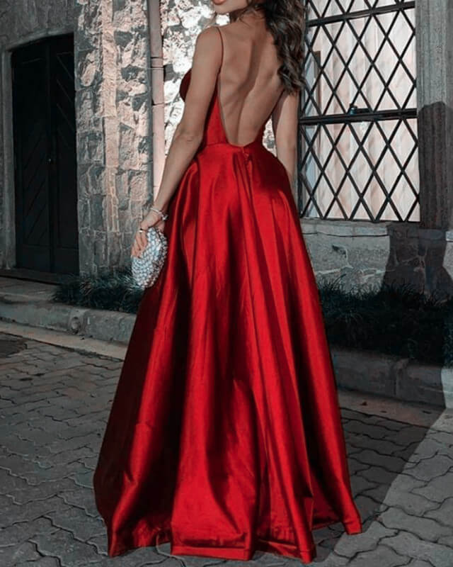 Spaghetti Straps Long Red V-neck Open Back Satin Dress