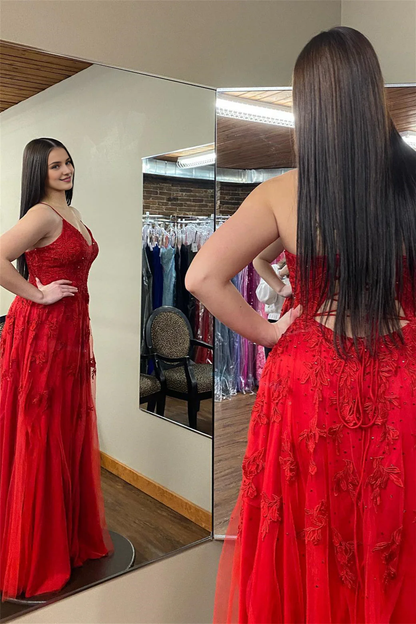 Spaghetti Straps Red Floral Prom Evening Dress Plunging V Neck Appliques