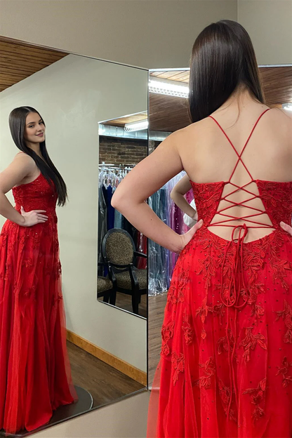 Spaghetti Straps Red Floral Prom Evening Dress Plunging V Neck Appliques