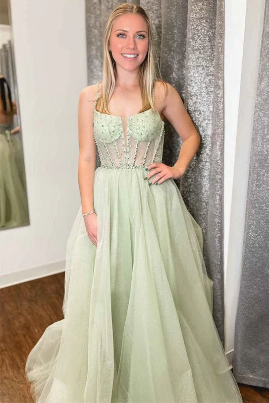 Spaghetti Straps Sequin Beaded Tulle A-Line Prom Dresses