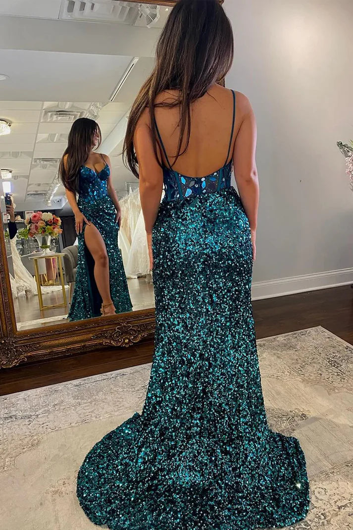 Spaghetti Straps Sequins Mermaid V Neck Prom Party Dresses With Slit