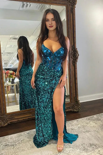 Spaghetti Straps Sequins Mermaid V Neck Prom Party Dresses With Slit