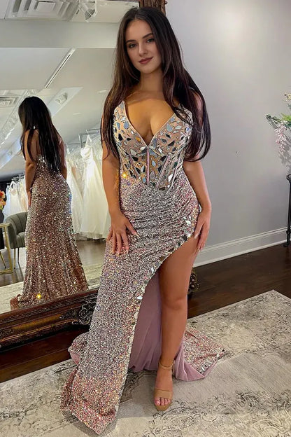 Spaghetti Straps Sequins Mermaid V Neck Prom Party Dresses With Slit