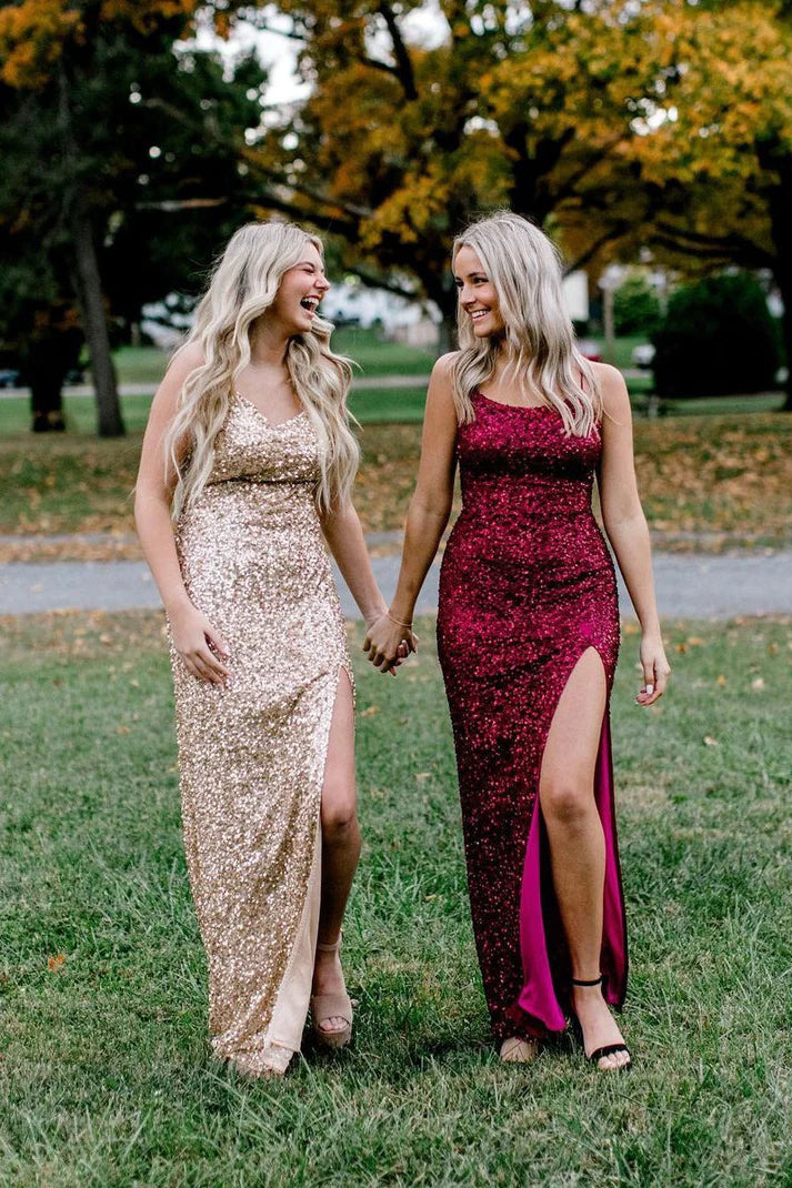 Spaghetti Straps Sequins Scoop Neck Mermaid Long Prom Dresses