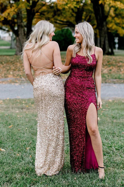 Spaghetti Straps Sequins Scoop Neck Mermaid Long Prom Dresses