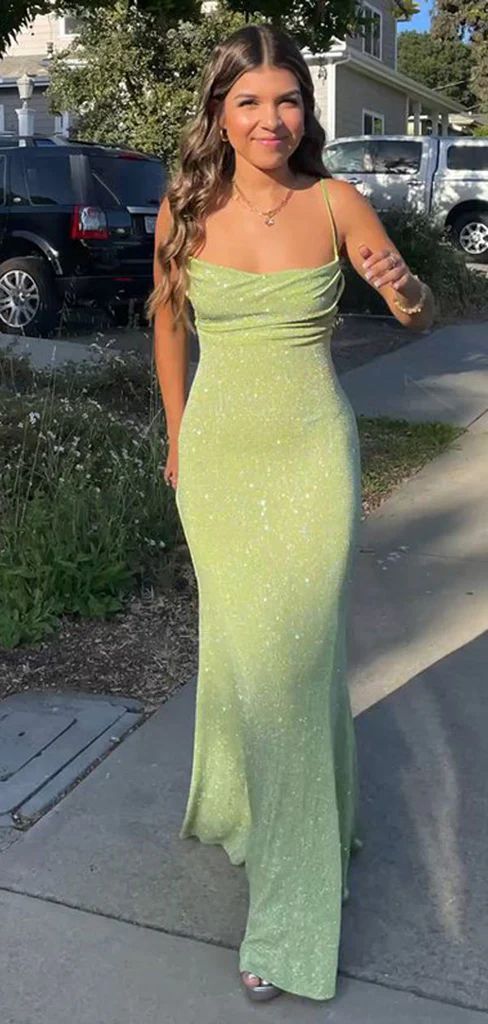 Spaghetti Straps Sparkly Floor Length Prom Dresses Mermaid Prom Dress