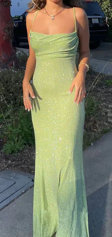 Spaghetti Straps Sparkly Floor Length Prom Dresses Mermaid Prom Dress