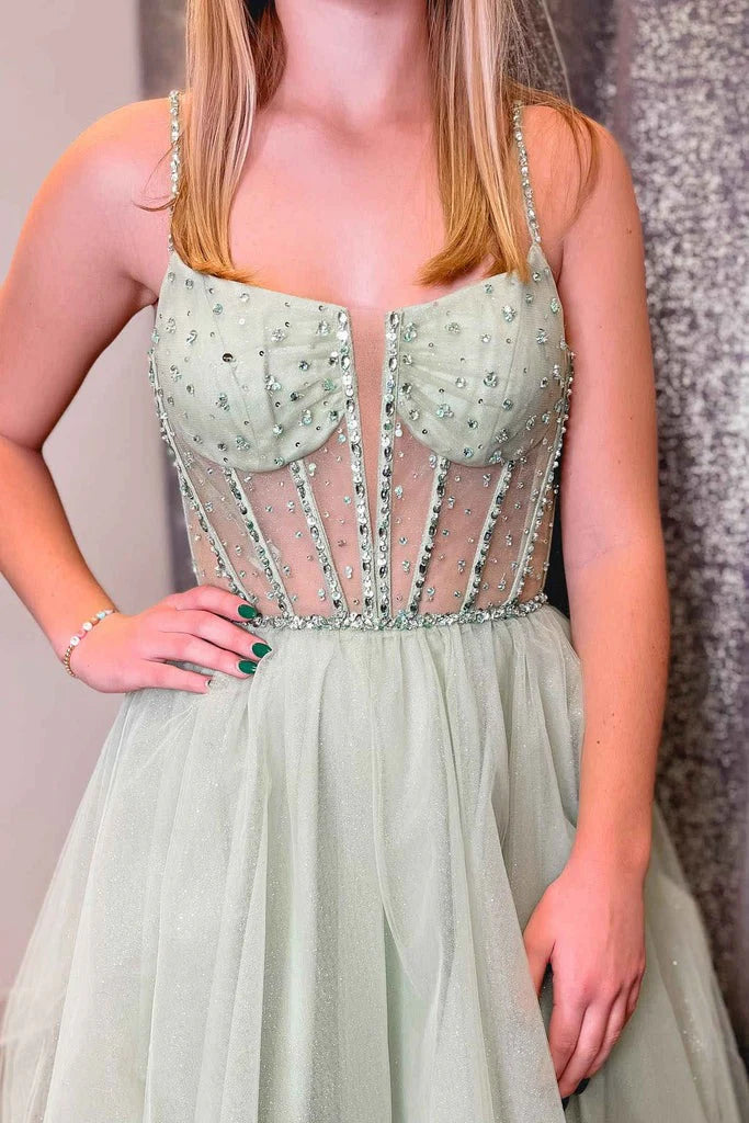 Spaghetti Straps Sequin Beaded Tulle A-Line Prom Dresses