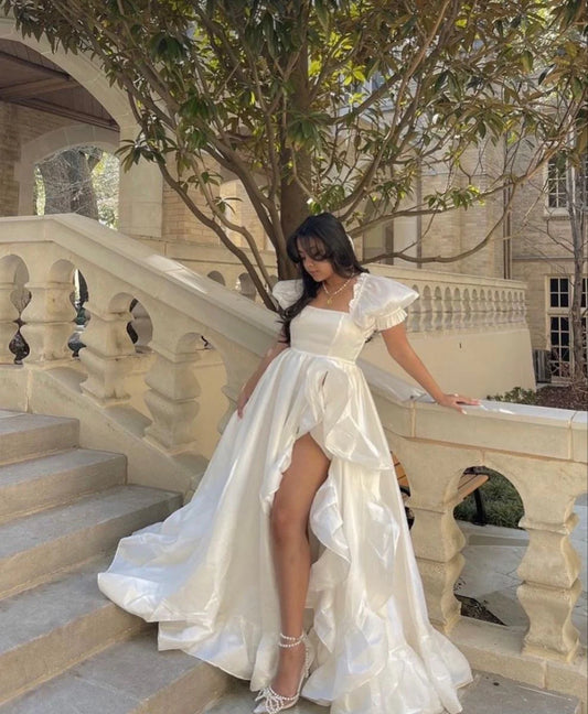 Square Neck Ruffle Vintage Floor Length White Satin Wedding Dress With Slit