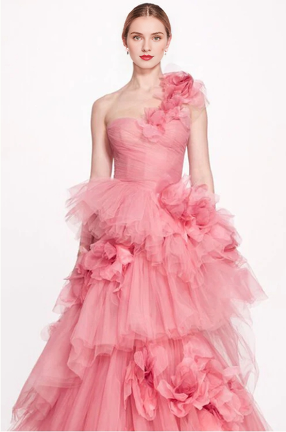 Strapless A-line One-shoulder 3D Floral Tiered Tulle Prom Dress With Train