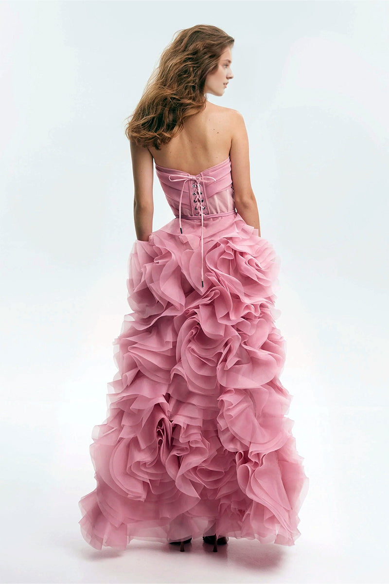 Strapless Off-the-Shoulder A-line Ruffle Tulle Prom Dress With Lace Up