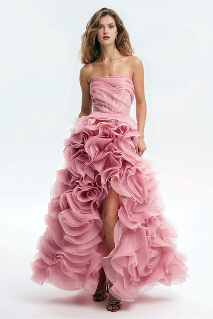 Strapless Off-the-Shoulder A-line Ruffle Tulle Prom Dress With Lace Up