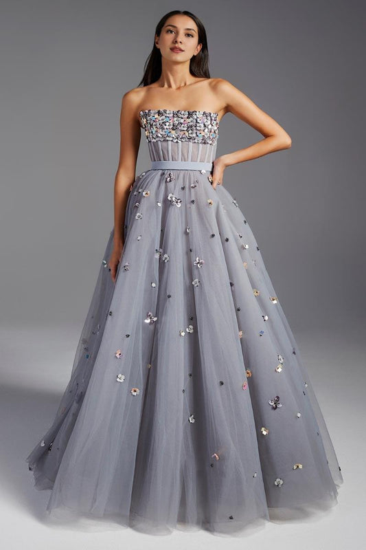 Strapless Off-the-Shoulder A-line Tulle Flower Prom Dress With Train