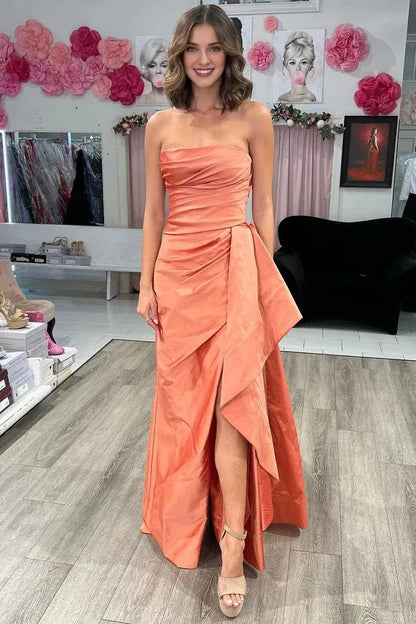 Off-the-Shoulder Strapless Slit Ruffle Party Prom Dresses With Train