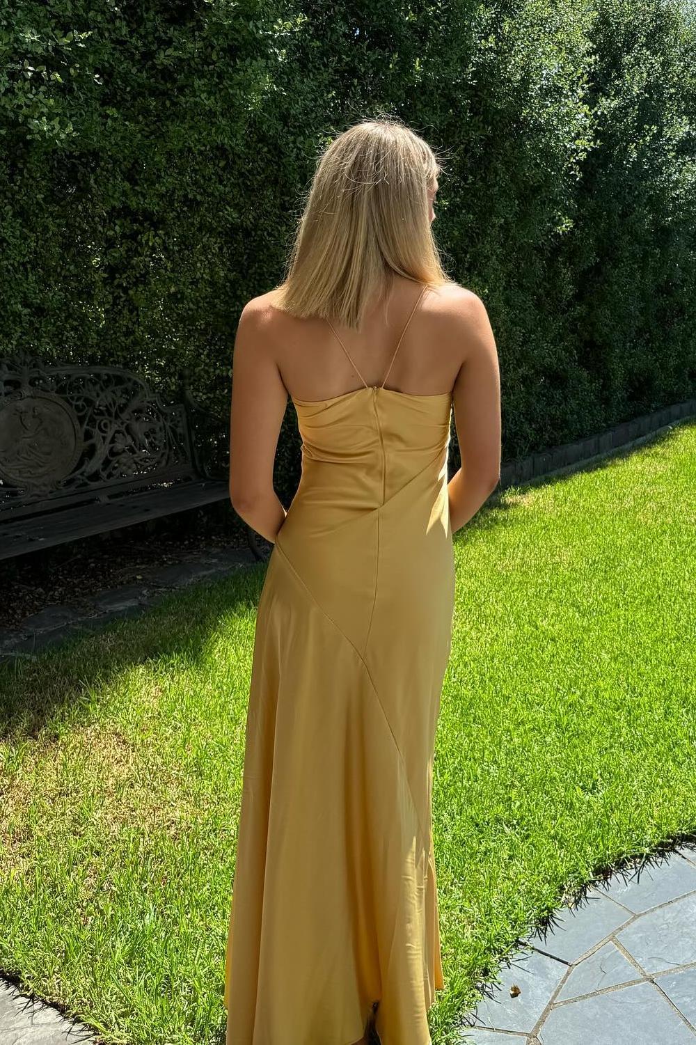 Straps Yellow Silk Long Dress with Slit/Formal Wear Dresses