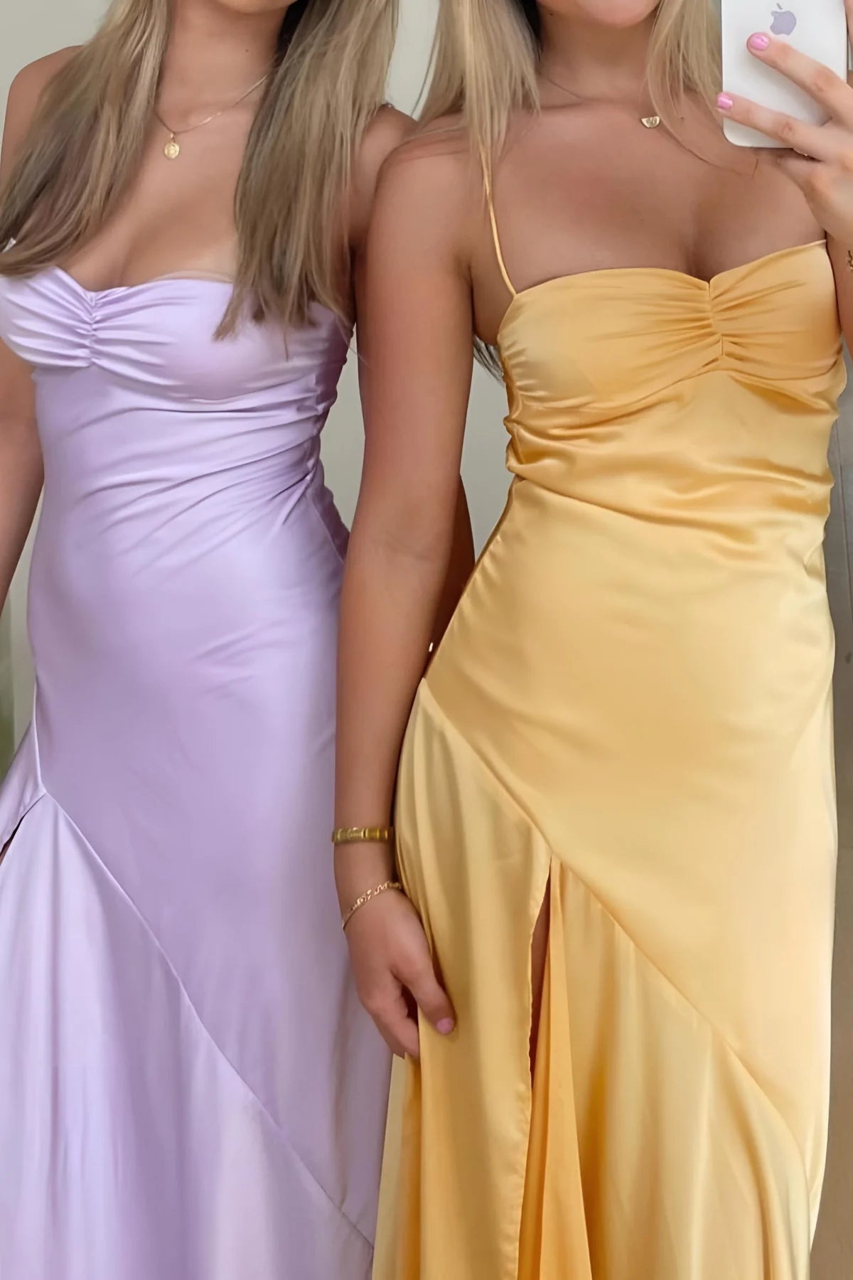 Straps Yellow Silk Long Dress with Slit/Formal Wear Dresses