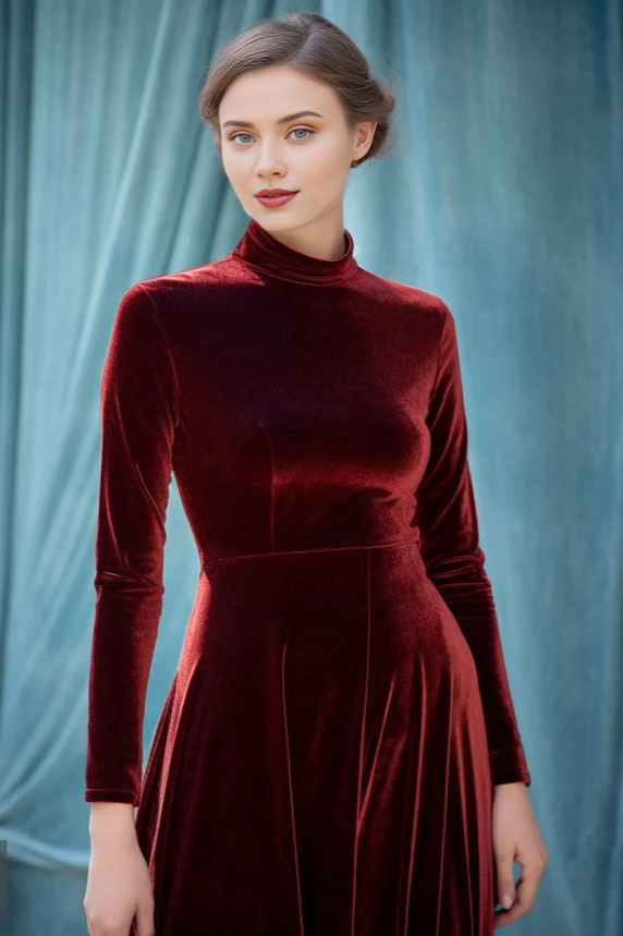 Burgundy Stylish Velvet Dress Long Sleeves Turtleneck Self-Tie Belt Spring Fall Fashion Plus Size Gowns Prom Dress