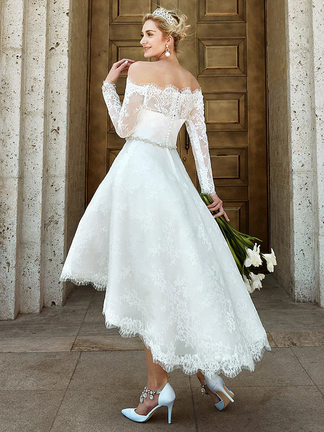 A-Line Wedding Dresses Off Shoulder Asymmetrical Lace Long Sleeve Casual Plus Size Illusion Sleeve with Lace Crystal Brooch