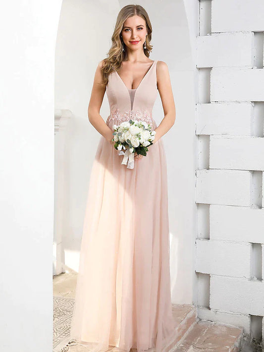 A-Line Plunging Neck Floor Length Tulle Bridesmaid Dress