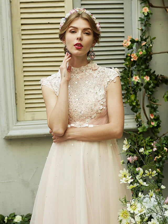 A-Line Wedding Dresses High Neck Sweep Brush Train Tulle Short Sleeve Open Back with Bowknot Sash Ribbon Beading