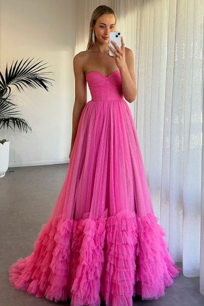 Xuewuba Formal Wear Dresses Fuchsia Sweetheart Tulle A-Line Ruffled Long Corset Prom Dress with Slit Prom Dresses Stores