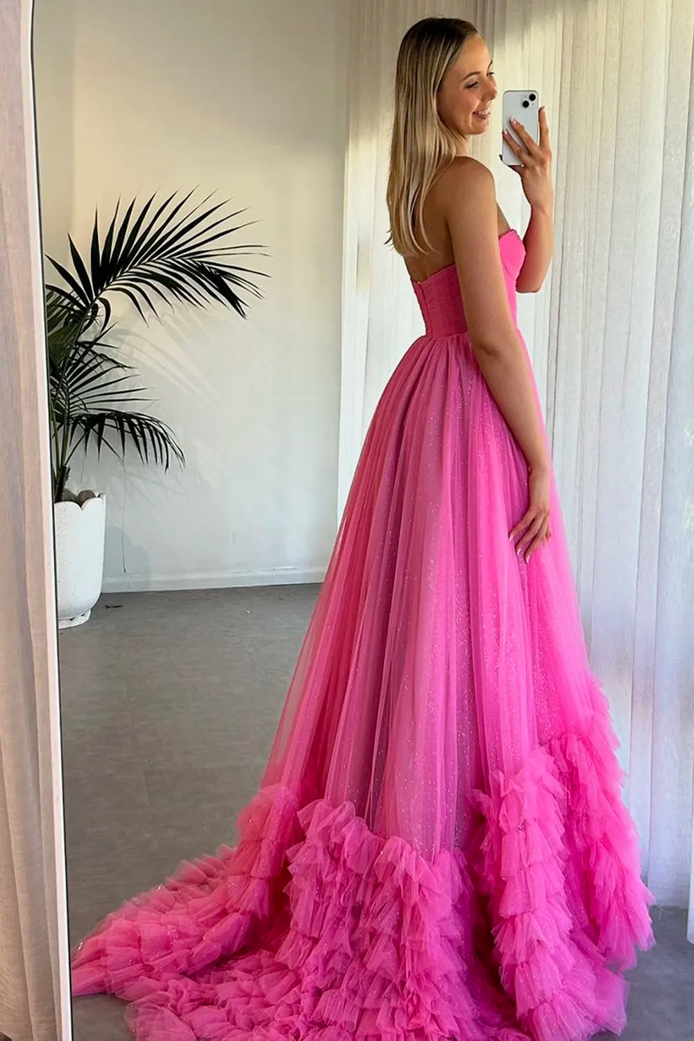 Xuewuba Formal Wear Dresses Fuchsia Sweetheart Tulle A-Line Ruffled Long Corset Prom Dress with Slit Prom Dresses Stores