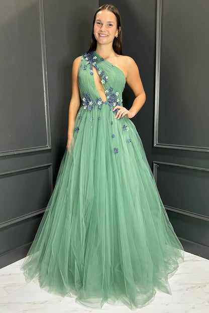 Xuewuba Formal Wear Dresses Green One Shoulder A-Line Tulle Long Prom Dress with 3D Flowers Prom Dresses Stores