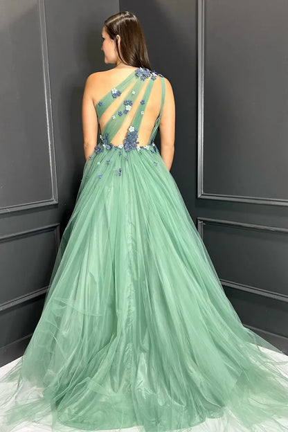 Xuewuba Formal Wear Dresses Green One Shoulder A-Line Tulle Long Prom Dress with 3D Flowers Prom Dresses Stores