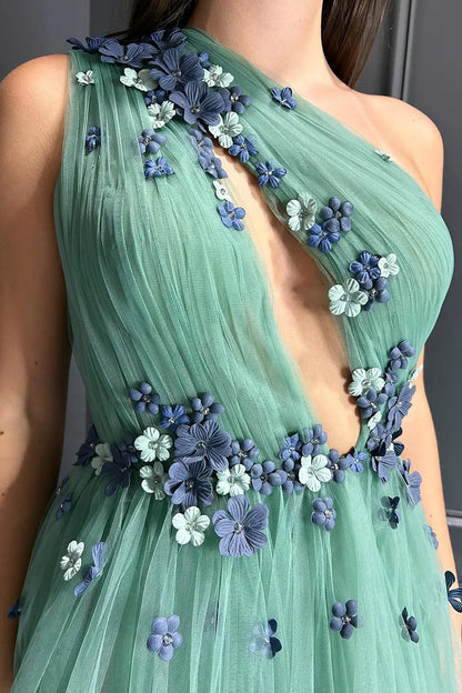 Xuewuba Formal Wear Dresses Green One Shoulder A-Line Tulle Long Prom Dress with 3D Flowers Prom Dresses Stores