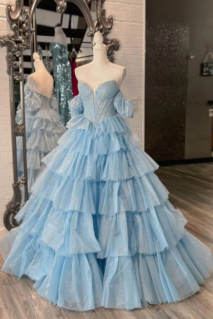 Xuewuba Formal Wear Dresses Sparkly Blue Off the Shoulder A-Line Tulle Tiered Long Corset Prom Dress with Beading Prom Dresses Stores