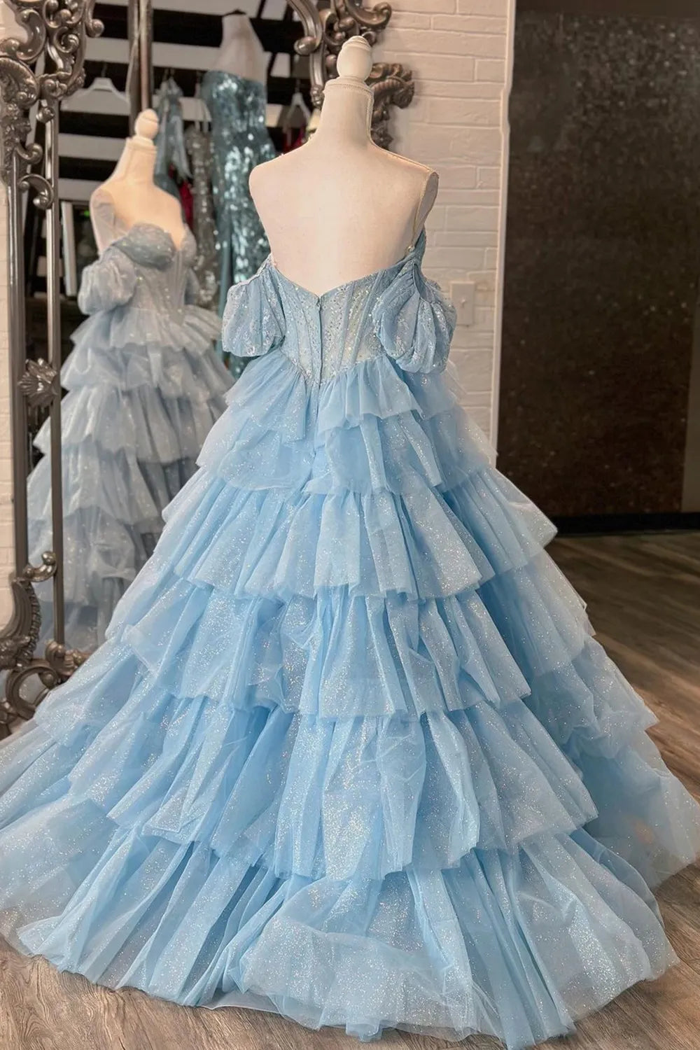 Xuewuba Formal Wear Dresses Sparkly Blue Off the Shoulder A-Line Tulle Tiered Long Corset Prom Dress with Beading Prom Dresses Stores