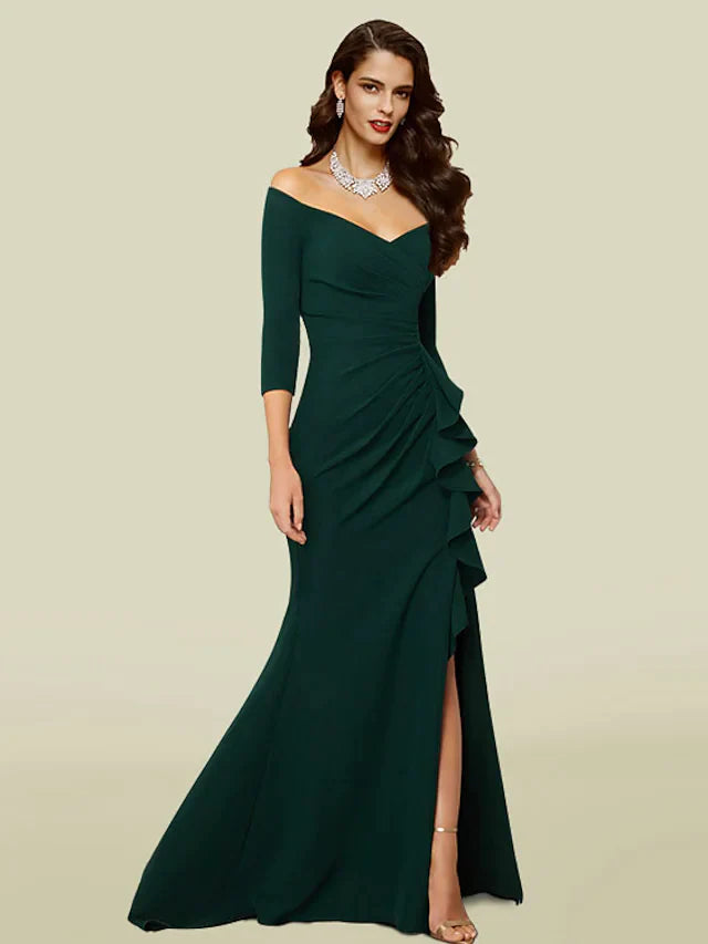 Mermaid Trumpet Mother of the Bride Dress Elegant Sexy V Neck Off Shoulder Court Train Length Sleeve with Draping Split Front