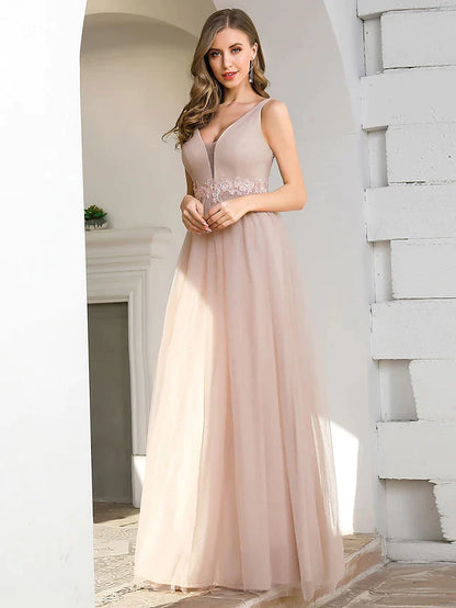 A-Line Plunging Neck Floor Length Tulle Bridesmaid Dress