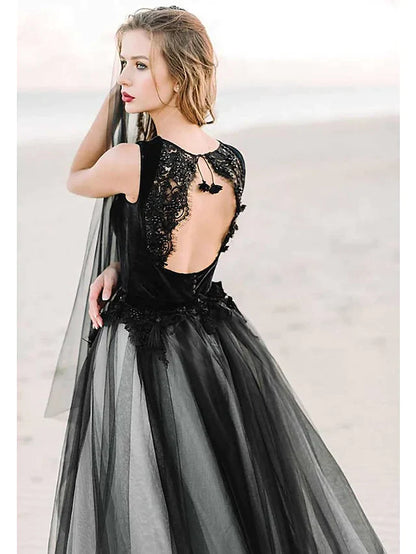 A-Line Wedding Dresses Scoop Neck Court Train Lace Tulle Regular Straps Black Modern with Appliques