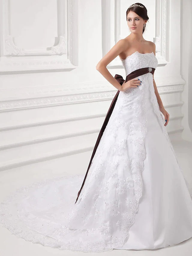 A-Line Wedding Dresses Strapless Chapel Train Lace Satin Tulle Strapless with Sashes Ribbons Bow(s) Beading