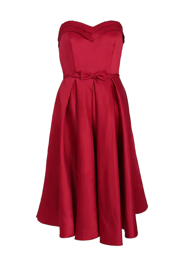 A-Line Minimalist Elegant Engagement Cocktail Party Dress Strapless Sleeveless Knee Length Satin with Bow(s) Pleats