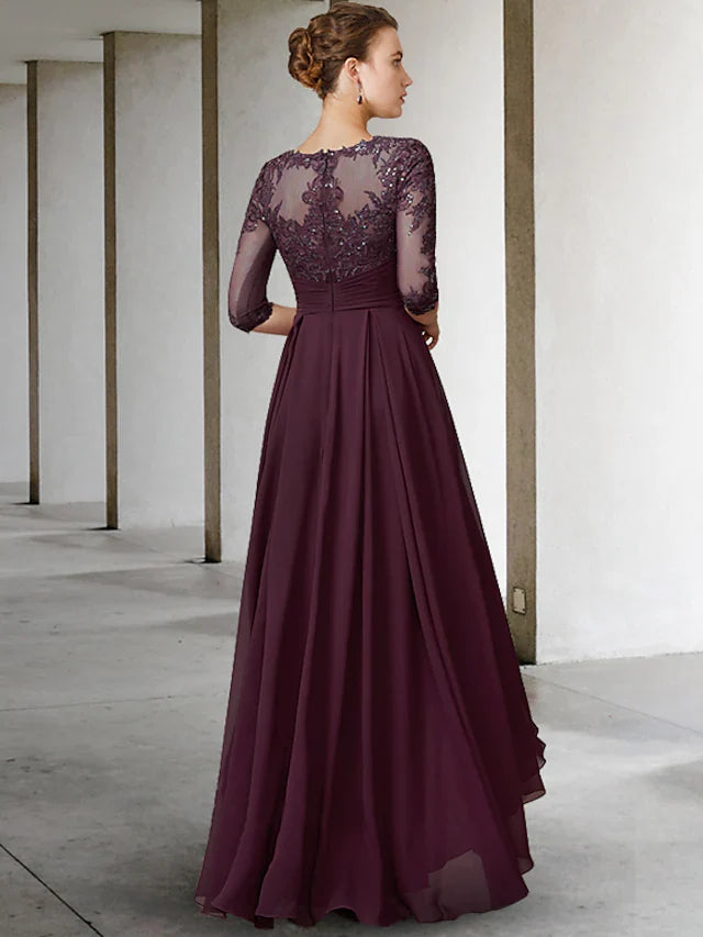 Mother of the Bride Dress Elegant Jewel Neck Asymmetrical Floor Length Chiffon Lace Half Sleeve with Pleats Appliques