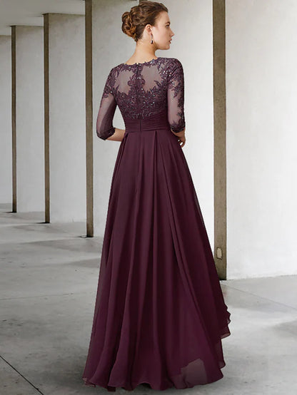 Mother of the Bride Dress Elegant Jewel Neck Asymmetrical Floor Length Chiffon Lace Half Sleeve with Pleats Appliques