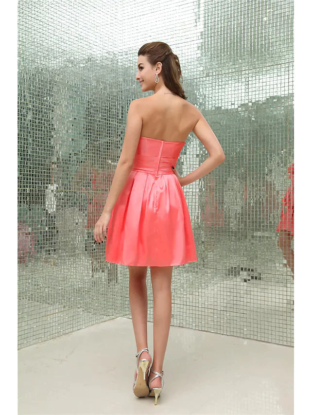 A-Line Elegant Cocktail Party Dress Strapless Sleeveless Short Mini Taffeta with Pleats Beading