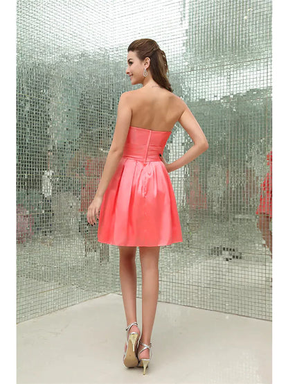 A-Line Elegant Cocktail Party Dress Strapless Sleeveless Short Mini Taffeta with Pleats Beading