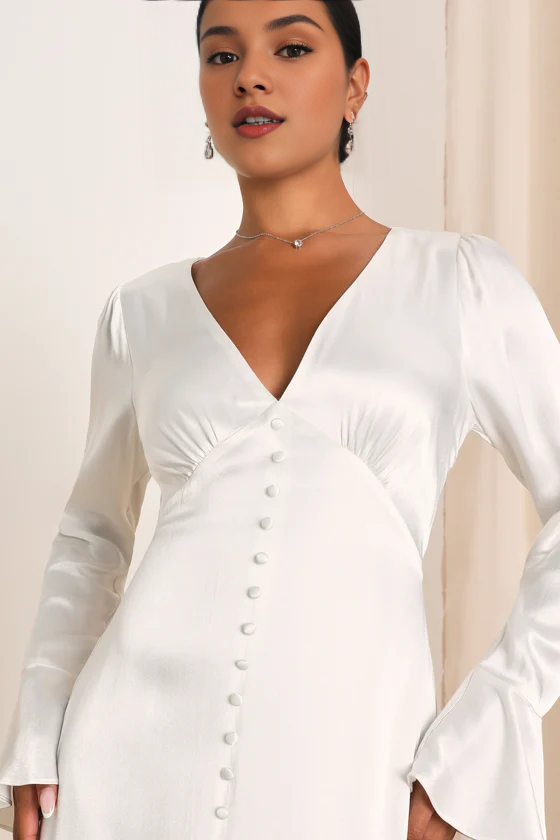 V Neck Elegant Celebration White Satin Long Sleeve Wedding Dress With Front Slit