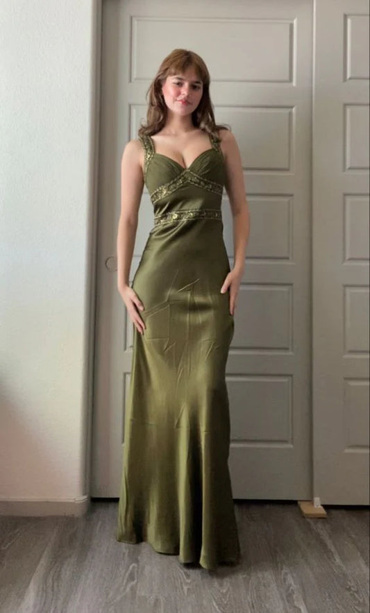 V Neck Elegant Sheath Olive Green Prom Dresses Long Formal Dress